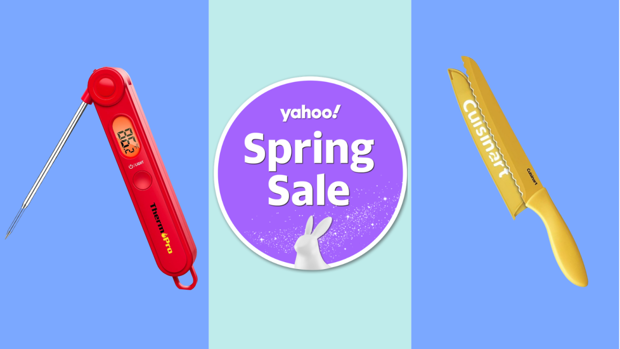 a purple circular badge that says: 'Yahoo! Spring Sale' with a red meat thermometer on one side and a yellow Cuisinart knife on the other, part of Amazon's Big Spring Sale promotion