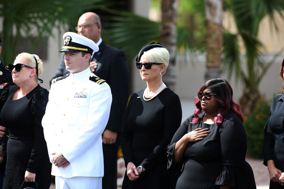 <p>Mrs. Cindy McCain and family pay respects to late U.S. Senator John McCain at the North Phoenix Baptist Church in Phoenix, Ariz., Aug. 30, 2018. (Photo: Conor Ralph/Reuters) </p>