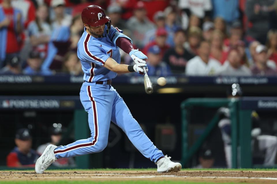 Trea Turner hits a first-inning double for the Phillies.