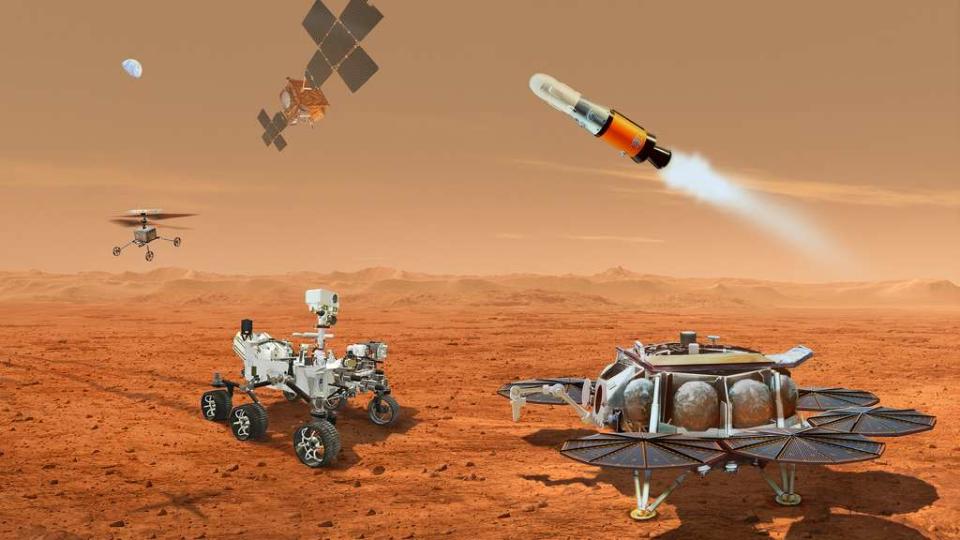 Le nouveau scénario de la mission de retour d'échantillons martiens résumé en une image. On note l'abandon du Fetch rover de l'ESA (et la plateforme d'atterrissage qui lui était associé) et l'arrivée d'hélicoptères martiens ! © Nasa, JPL