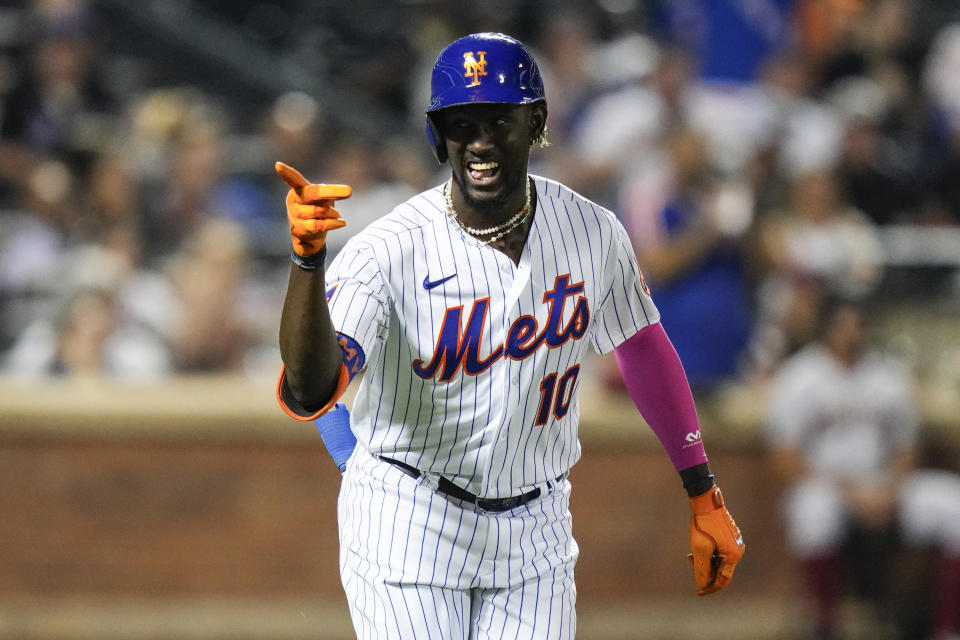 New York Mets' Ronny Mauricio gestures to teammates after hitting a two-run home run against the Arizona Diamondbacks during the fourth inning of a baseball game Tuesday, Sept. 12, 2023, in New York. (AP Photo/Frank Franklin II)
