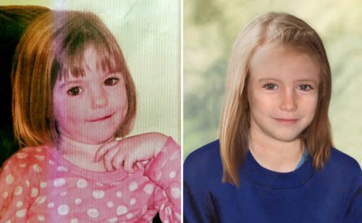 A combination of images created on April 25 shows an undated picture of missing British girl Madeleine McCann when she was three years old (left) and a computer-generated image released by the Metropolitan Police Service showing how police believe Madeleine would look like aged 9. Portuguese police say they have no new evidence that would give them cause to reopen the inquiry