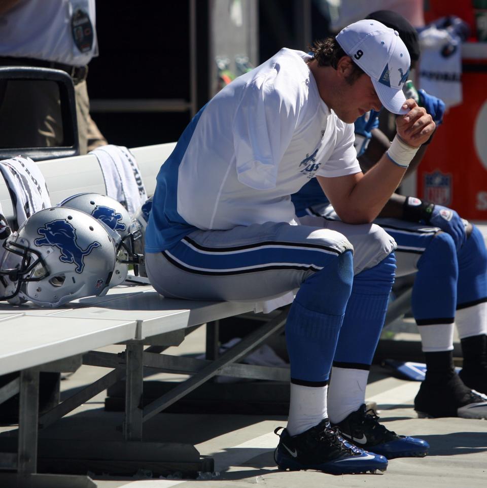 Detroit Lion's Matthew Stafford on the bench after suffering a shoulder injury during first half action against the Chicago Bears, Sunday, September 12, 2010 at Soldier Field.
