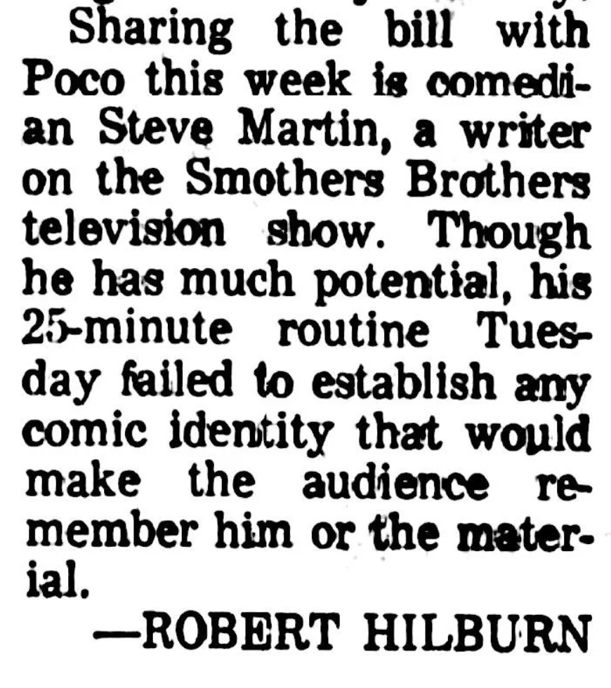 The review says "Though he has much potential, his 25-minute routine Tuesday failed to establish any comic identity that would make the audience remember him"