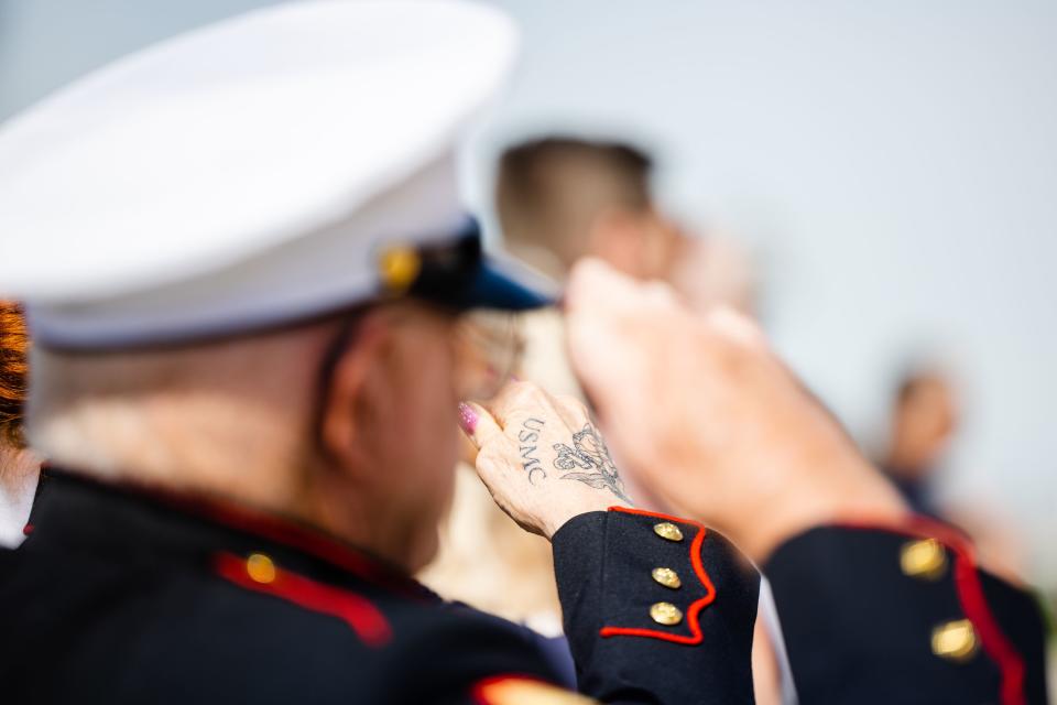 A tattoo of retired U.S. Marine Corps Cpl. Joann Haines is seen during a Memorial Day commemoration event at the Capitol in Salt Lake City on Monday, May 29, 2023. | Ryan Sun, Deseret News