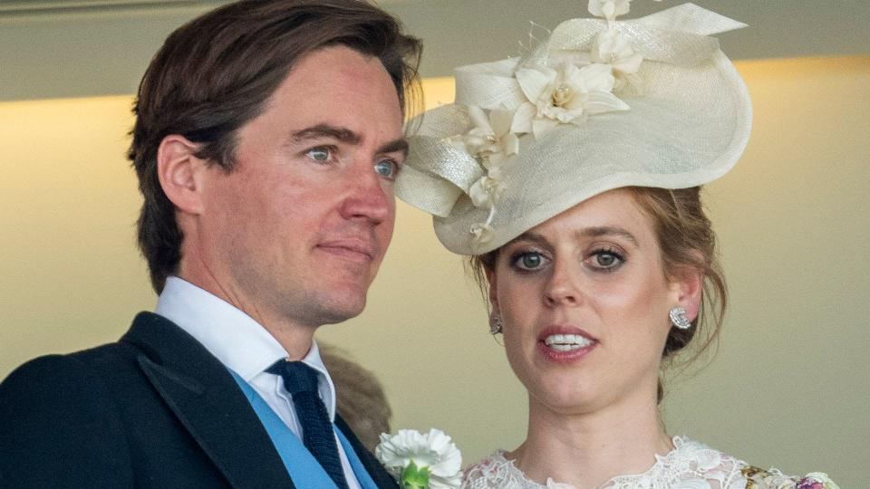 Edoardo Mapelli Mozzi in a blue suit and Princess Beatrice in a white lace dress at Royal Ascot 2023 