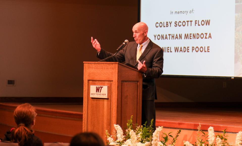 Shawn Fouts, senior director of campus community for WT, gives a speech Friday at a student memorial service at West Texas A&M in Canyon.