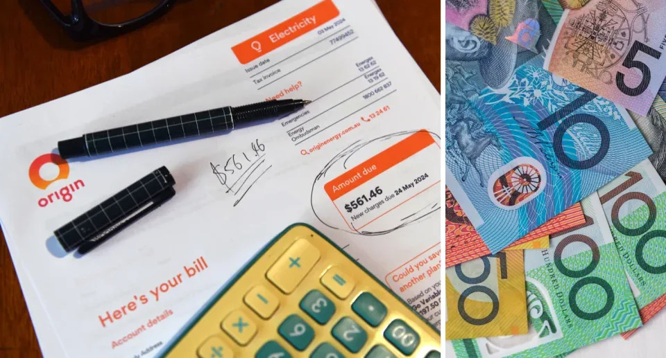 An energy bill with the amount owed circled and a calculator, with an inset of Australian currency. 