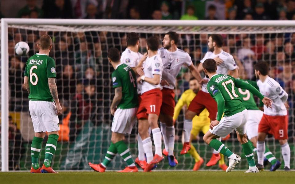 Conor Hourihane curls home the winner for Ireland at the Aviva Stadium  - Sportsfile