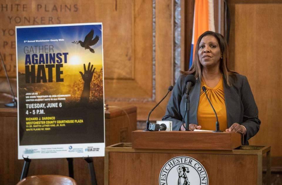 Letitia James, New York State Attorney General, speaks during the 2nd annual Westchester County Gather Against Hate event at the chambers of the Westchester County Legislature in White Plains June 6, 2023. The event was sponsored by the Westchester County Human Rights Commission, the Westchester Jewish Council and the UJA-Federation of New York.