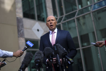 Former Australian Home Affairs Minister Peter Dutton speaks to the media during a news conference at Parliament House in Canberra, Australia, August 21, 2018. AAP/Lukas Coch/via REUTERS