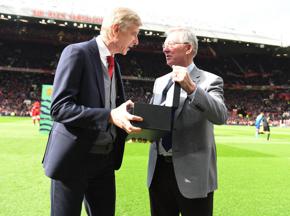 Sir Alex appeared on the Old Trafford pitch to say goodbye to Arsene Wenger 10 days ago