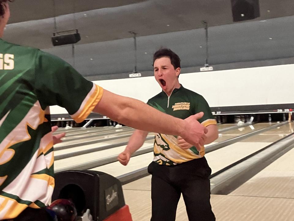 NJSIAA team bowling finals at Bowlero North Brunswick on Tuesday, Feb. 27, 2024. Jesse Kirschner of Montville celebrates after throwing a strike in the last frame of the Group 3 boys final, which the Mustangs won, 2 games to 1, against Toms River East.