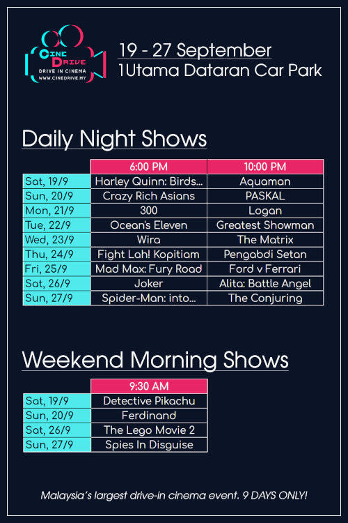 The list of movies and showtimes at CineDrive.