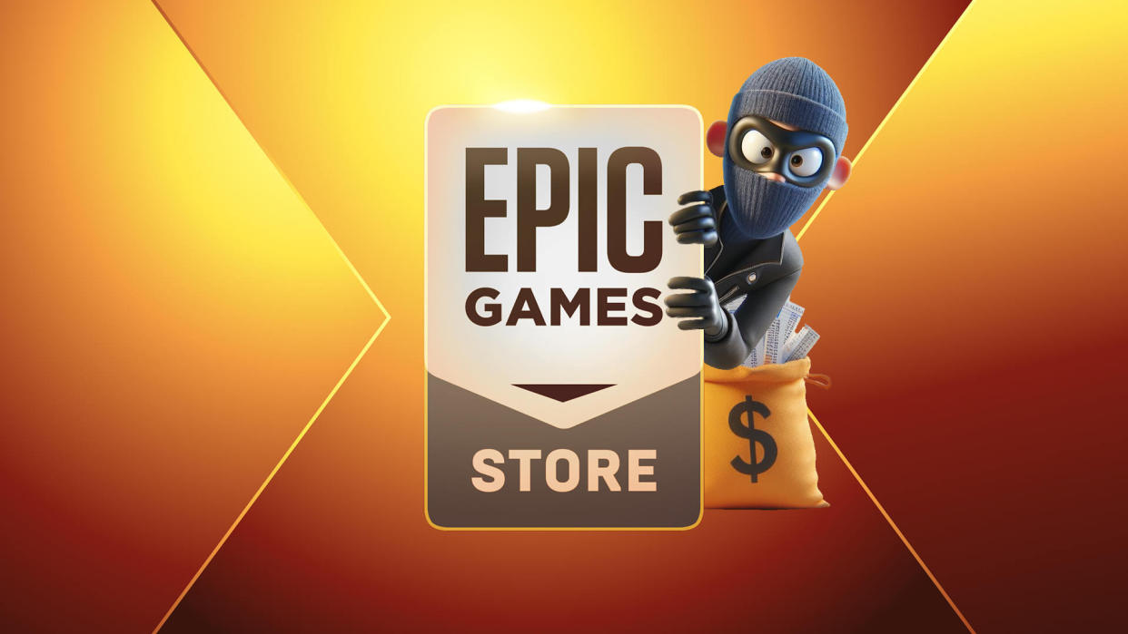  Epic Games Store logo with thief peeking from behind the logo with a swag bag full of data. 