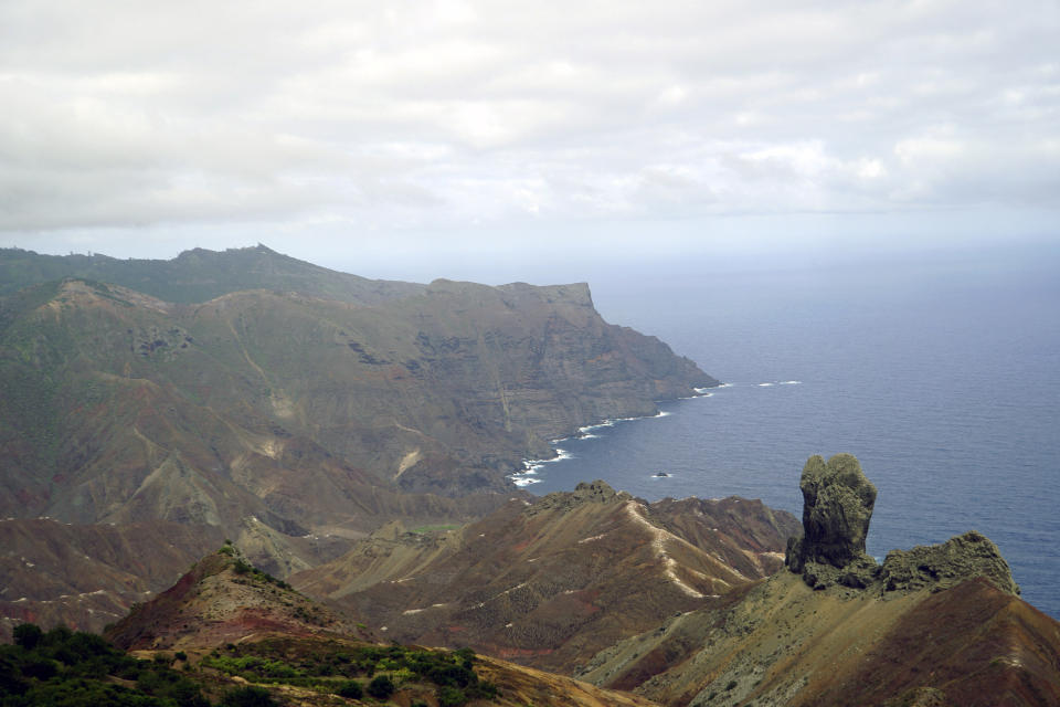 Sweeping views of Sandy Bay can be seen from Blue Point Trail on the island of St. Helena, on Saturday, Feb. 24, 2024. The 40-minute trek is one of the remote territory’s 21 scenic hiking trails of varying difficulty. (AP Photo/Nicole Evatt)