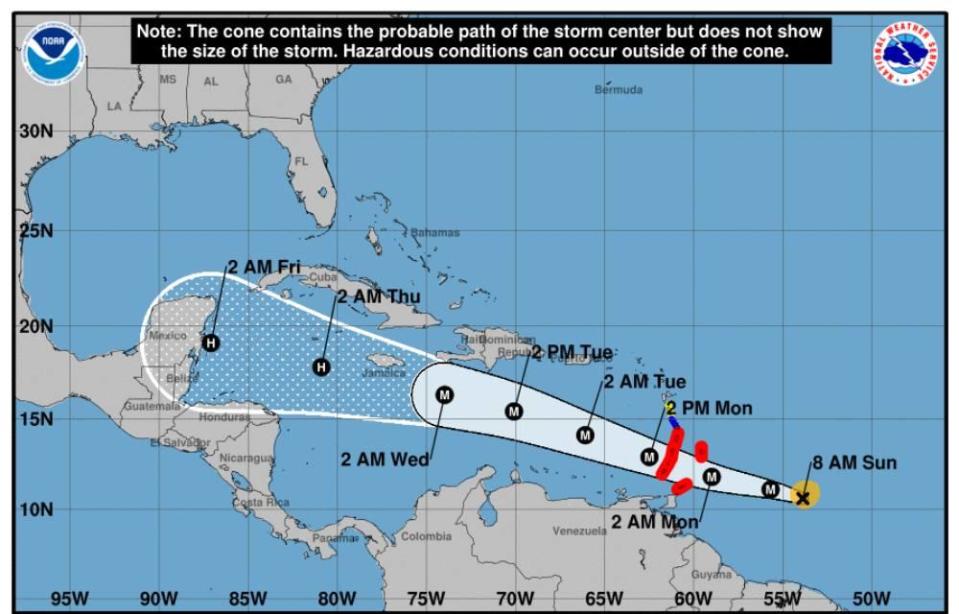 Hurricane Beryl became a Category 3 storm on Sunday. This is the forecasted trajectory of the storm. / Credit: NOAA