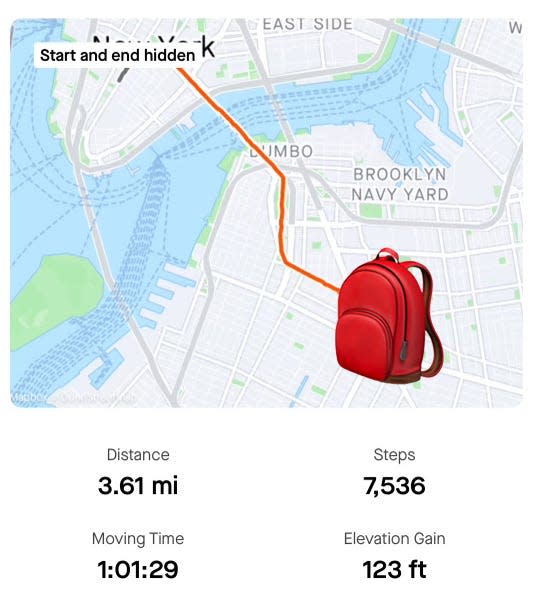 A Strava map with a backpack emoji to hide the starting point