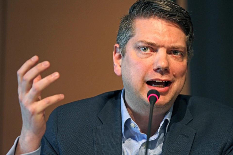 Nick Begich, a Republican seeking the sole U.S. House seat in Alaska, speaks during a forum for candidates Thursday, May 12, 2022, in Anchorage, Alaska.