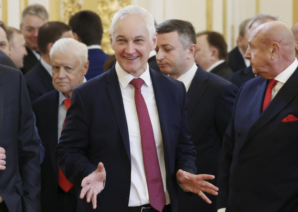 Russian Deputy Prime Minister Andrei Belousov, center, gestures as he waits to attend a ceremony inaugurating Vladimir Putin as President of Russia at the Kremlin in Moscow, Russia on Tuesday, May 7, 2024. Russian President Vladimir Putin has proposed removing Defense Minister Sergei Shoigu from his post. Putin nominated First Deputy Prime Minister Andrey Belousov for the role. His appointment must now be approved by Russian lawmakers. (Vyacheslav Prokofyev, Sputnik, Kremlin Pool Photo via AP)