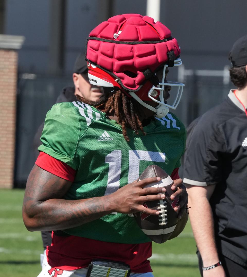 Piscataway, NJ -- April 16, 2024 -- Quarterback, Ajani Sheppard during Rutgers football spring practice.