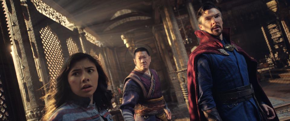 From left, Xochitl Gomez as America Chavez, Benedict Wong as Wong, and Benedict Cumberbatch as Dr. Stephen Strange in Marvel Studios' "Doctor Strange in the Multiverse of Madness."