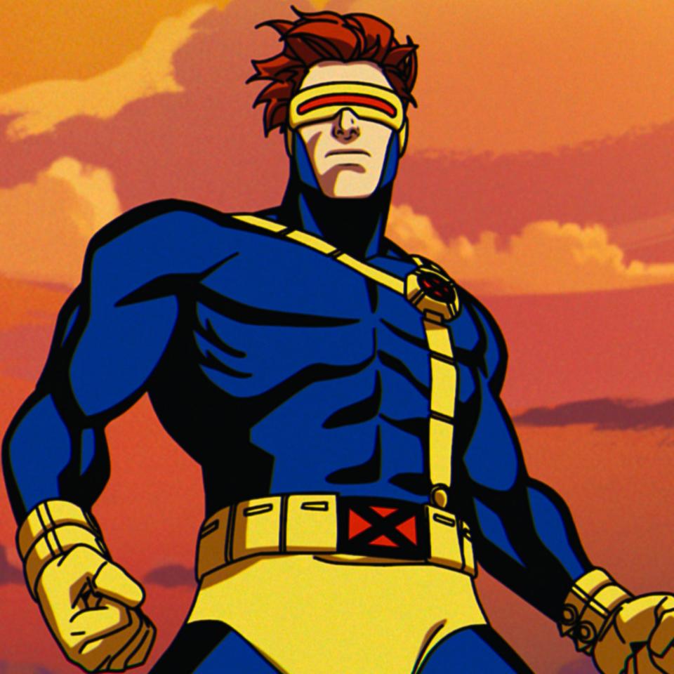 Animated character Cyclops from X-Men in a classic blue and yellow superhero suit, standing confidently