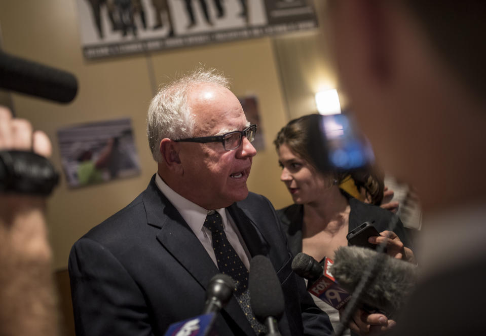 ST PAUL, MN - AUGUST 14: DFL candidate for Governor Rep. Tim Walz (D-MN) speaks with media members at his election night party on August 14, 2018 in St Paul, Minnesota. Minnesota, Connecticut, Vermont and Wisconsin held primary elections today.  (Photo by Stephen Maturen/Getty Images)