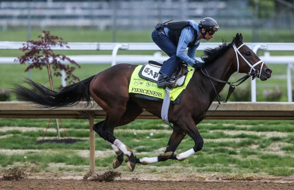 Fierceness trains with jockey John Velazquez at Churchill Downs on Friday. Fierceness is the 5-2 morning-line favorite for Saturday’s 150th Kentucky Derby for trainer Todd Pletcher.