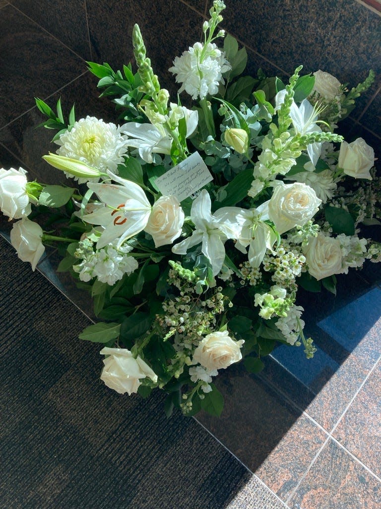 The bouquet of flowers sent in condolence by President Joe Biden and First Lady Jill Biden to former Wilmington City Council President Ted Blunt. Blunt died on Jan. 11, 2024. A memorial service was held for Blunt at the Chase Center in Wilmington on Jan. 22, 2024.