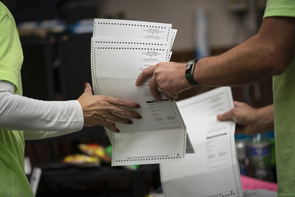 Poll workers sort out early and absentee ballots at the Kenosha Municipal building on Election Day on Tuesday, Nov. 3, 2020, in Kenosha, Wis. (Wong Maye-E/AP)