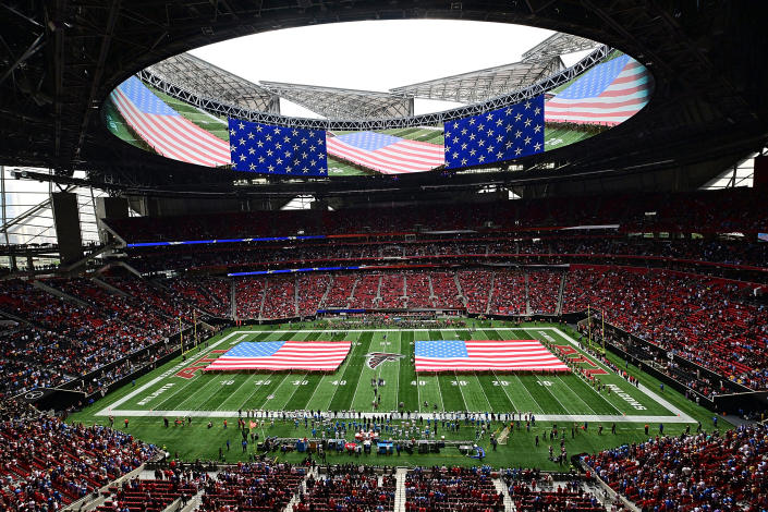 ATLANTA, GEORGIA - NOVEMBER 06: General view of the field during the national anthem prior to the game between the Los Angles Chargers and the Atlanta Falcons at Mercedes-Benz Stadium on November 06, 2022 in Atlanta, Georgia. (Photo by Adam Hagy/Getty Images)
