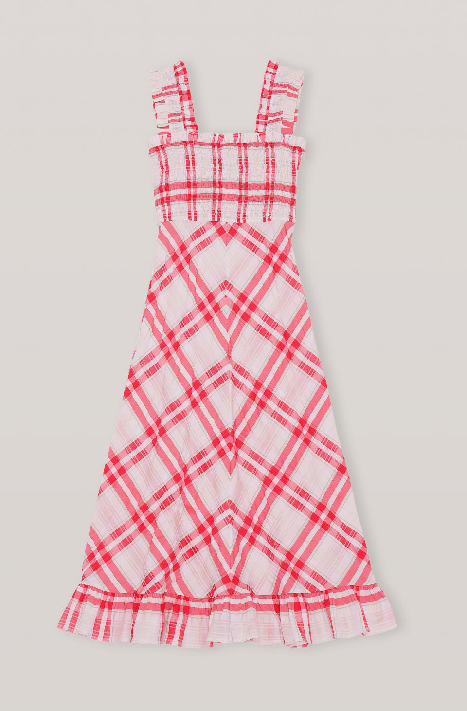 red dress, checkered, ganni