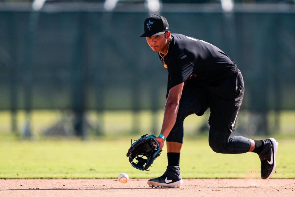 Miami Marlins shortstop prospect Jose Salas goes through drills during the Marlins’ instructional league at Jupiter’s Roger Dean Chevrolet Stadium Complex.