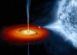 An illustration of a black hole surrounded by hot gas. This black hole is pulling in matter from a nearby star.