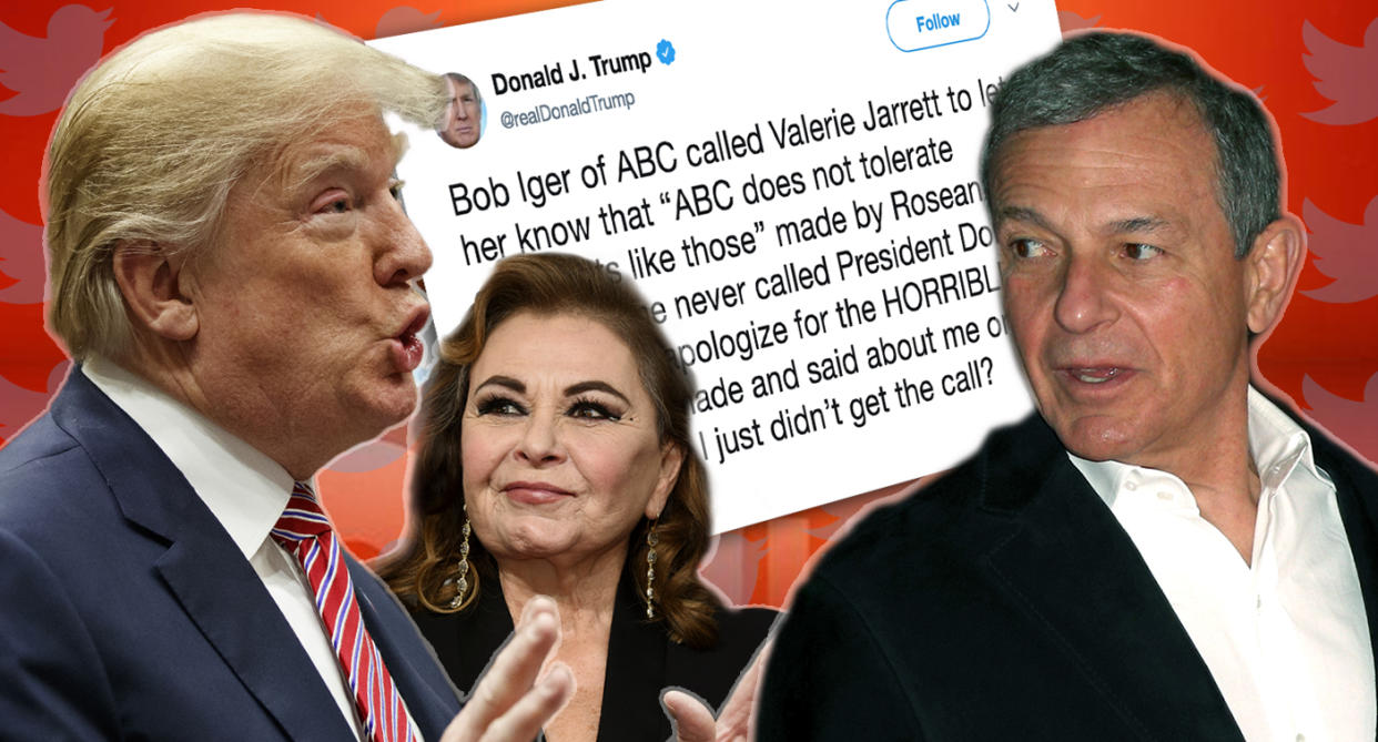 Donald Trump, Roseanne Barr, Robert Iger. (Photo illustration: Yahoo News; photos: Evan Vucci/AP, Jordan Strauss/Invision/AP, Frederick M. Brown/Getty Images, Donald J. Trump via Twitter, AP)