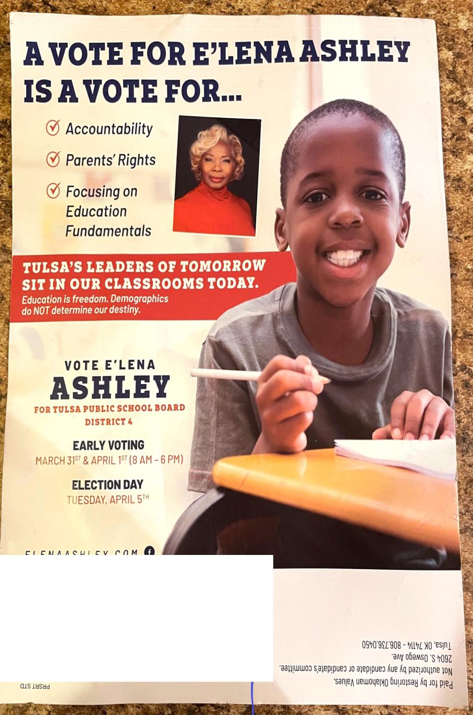 A mailer for Tulsa school board candidate E'Lena Ashley in 2022.