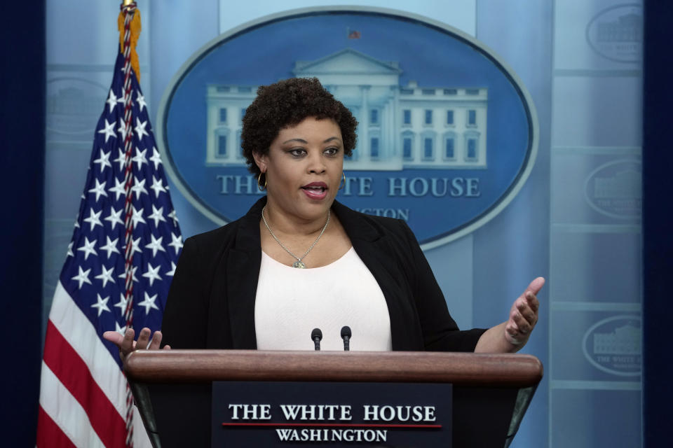 Office of Management and Budget director Shalanda Young speaks during the daily briefing at the White House in Washington, Tuesday, May 30, 2023. (AP Photo/Susan Walsh)