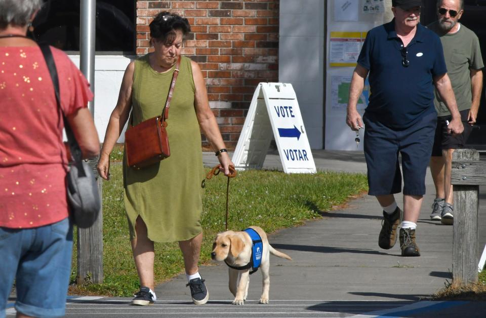 Voters leave the polling place Tuesday at McLarty Park in Rockledge after casting their ballots. At the center is Cheryl Miller with Russet, a Southeastern Guide Dogs puppy in training, who behaved well on his first voting experience. The city has one contested election on the City Council, with incumbent Sammie Brown Martin facing Josiah Gattle for Seat 3.