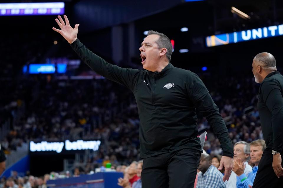 Los Angeles Lakers head coach Frank Vogel during an NBA basketball game against the Golden State Warriors in San Francisco, Thursday, April 7, 2022. (AP Photo/Jeff Chiu)