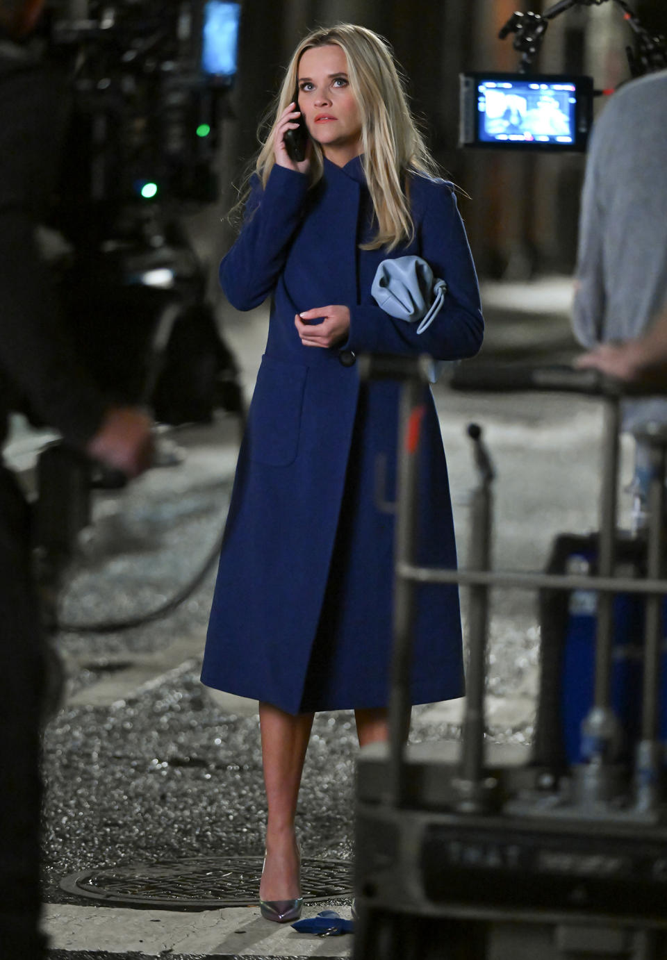 <p>Reese Witherspoon gets dramatic on Sept. 27 on the New York City set of <em>The Morning Show. </em></p>