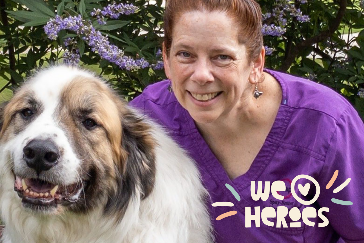 Dr. Mary Kate Lawler, the winner of the 2021 American Humane Hero Veterinarian Award, with her dog