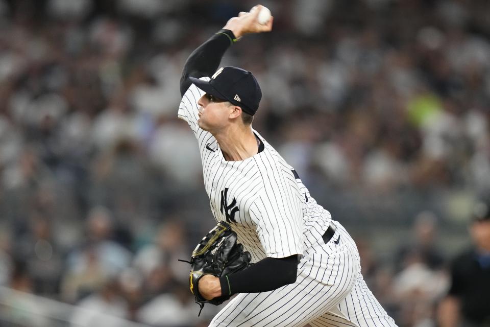 New York Yankees' Clay Holmes pitches during the ninth inning of a baseball game against the Baltimore Orioles, Monday, July 3, 2023, in New York. (AP Photo/Frank Franklin II)