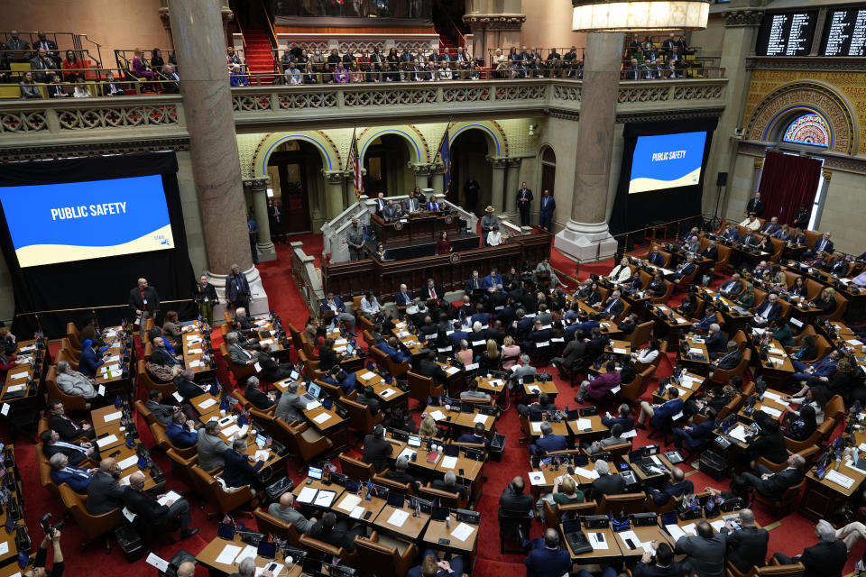 New York Governor Kathy Hochul speaks during the State of the State address in Albany, N.Y., Tuesday, Jan. 9, 2024. The Democrat outlined her agenda for the ongoing legislative session, focusing on crime, housing and education policies. (AP Photo/Seth Wenig)