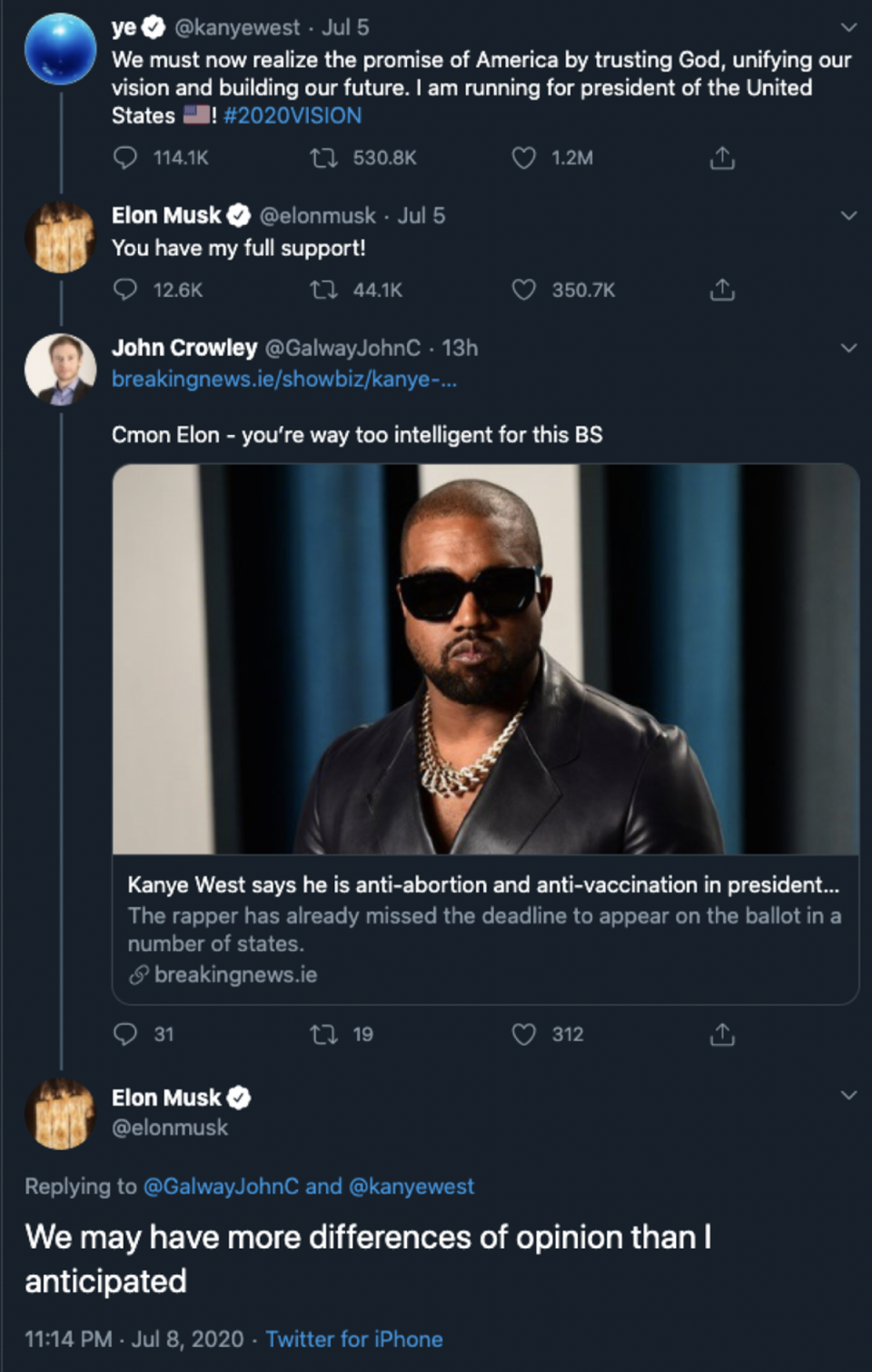 Elon Musk tweeted that Kanye West had his ‘full support’ for his US presidential bid (Twitter)