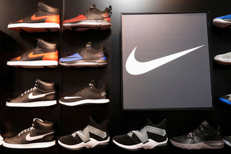 FILE PHOTO: Nike shoes are seen on display in New York, U.S., March 18, 2019. REUTERS/Shannon Stapleton