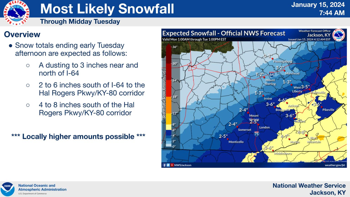 Areas of southeastern Kentucky could receive several inches of total snowfall from late Jan. 14 to early Jan. 16, 2024.