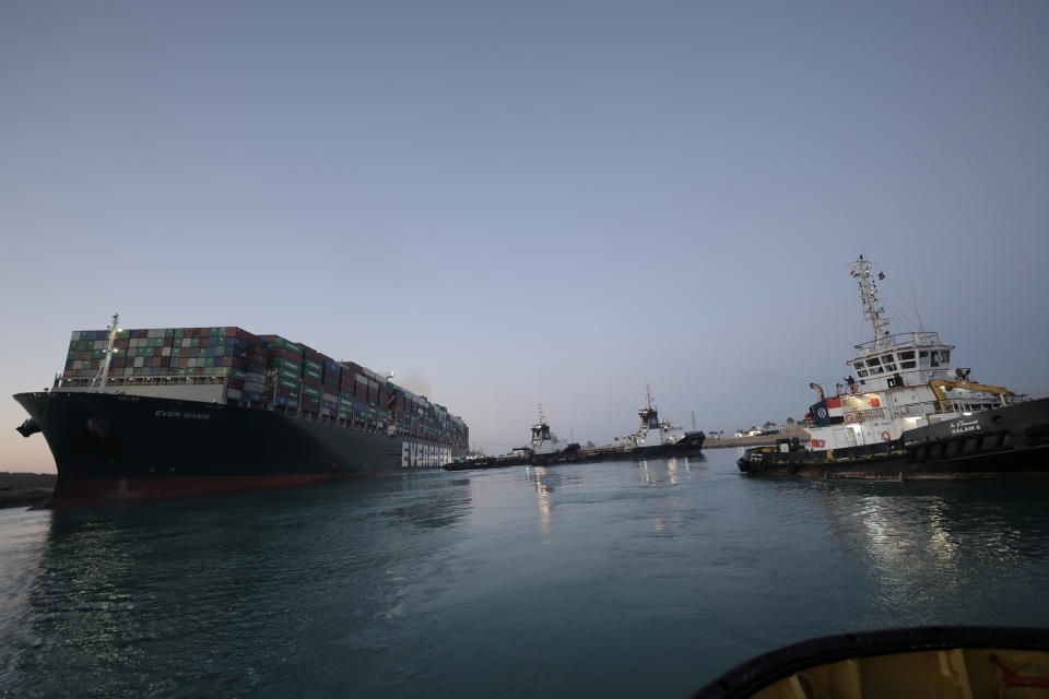 A view shows the container ship Ever Given, one of the world's largest container ships, after it was partially refloated, in Suez Canal, Egypt.