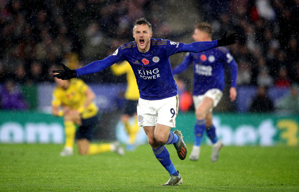 Leicester City's Jamie Vardy celebrates scoring his side's first goal against Arsenal. (Nick Potts/PA Wire.) 