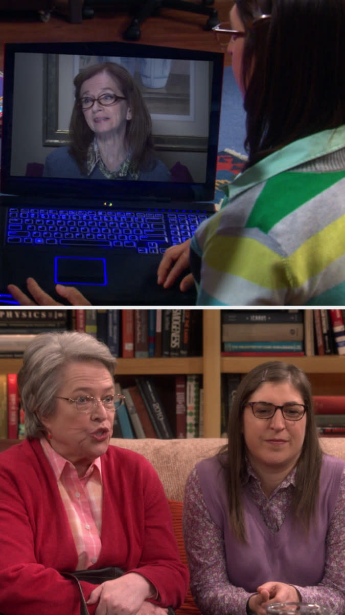 Annie O'Donnell playing Mrs. Fowler in a video chat and Kathy Bates playing her in later seasons